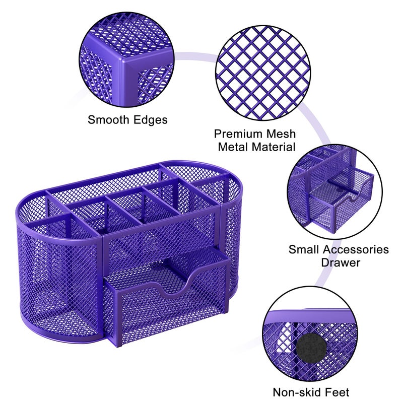 EasyPAG Mesh Pen Holder Desk Organizer with Drawer Stationery Supplies Organizer for Dorm School 9 Compartments Workspace Desk Accessories Organization for Office, Purple - Image 4